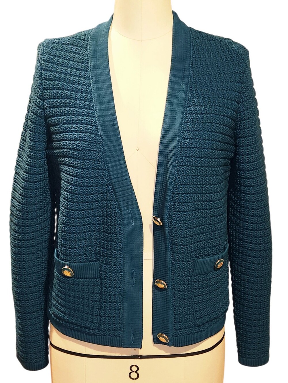 Talbots Kate Dark Teal Knit Cardigan Gold Buttons Vneck Mp Petite Med